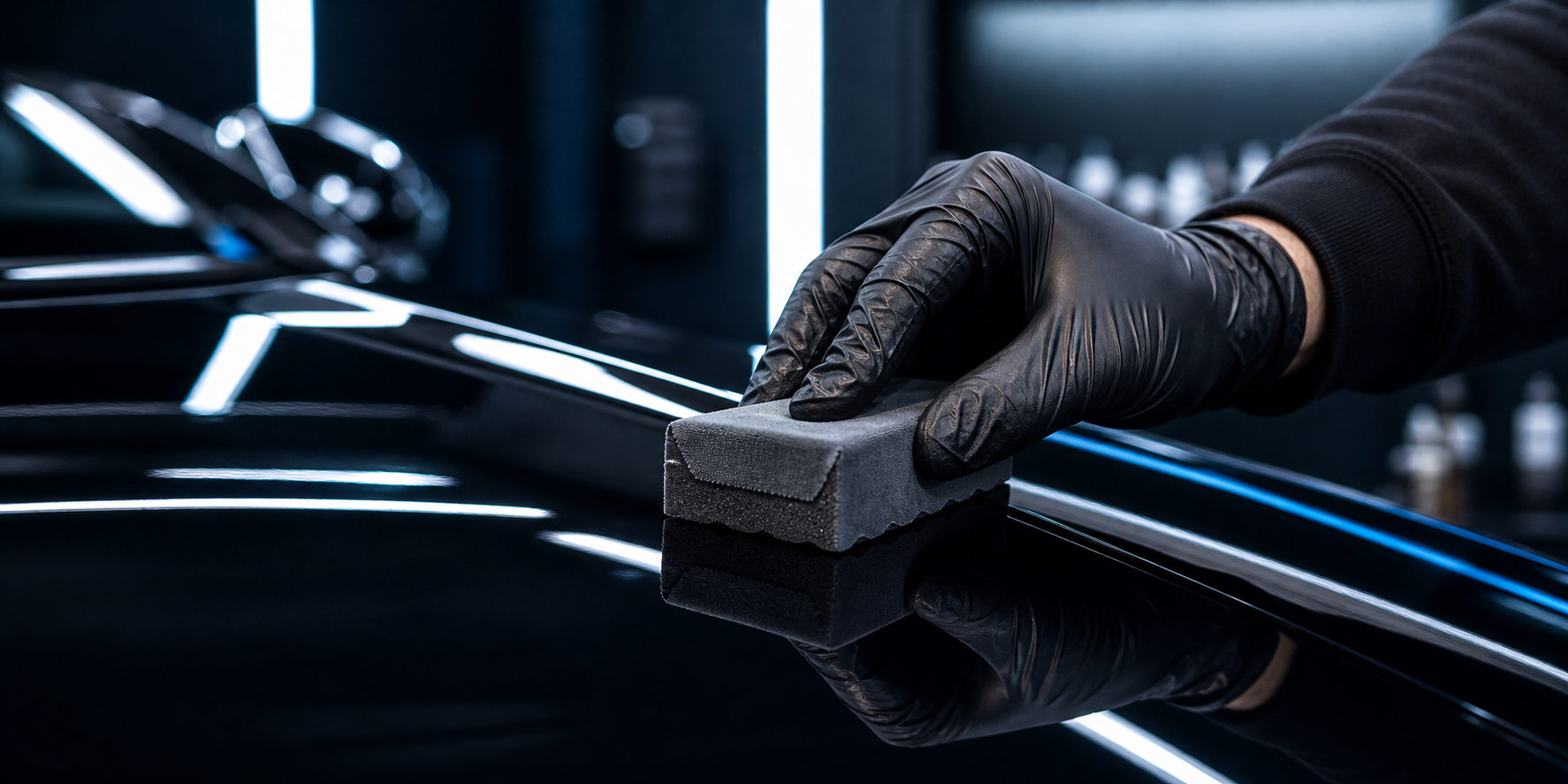 Autowachs wird auf schwarzen Lack aufgetragen