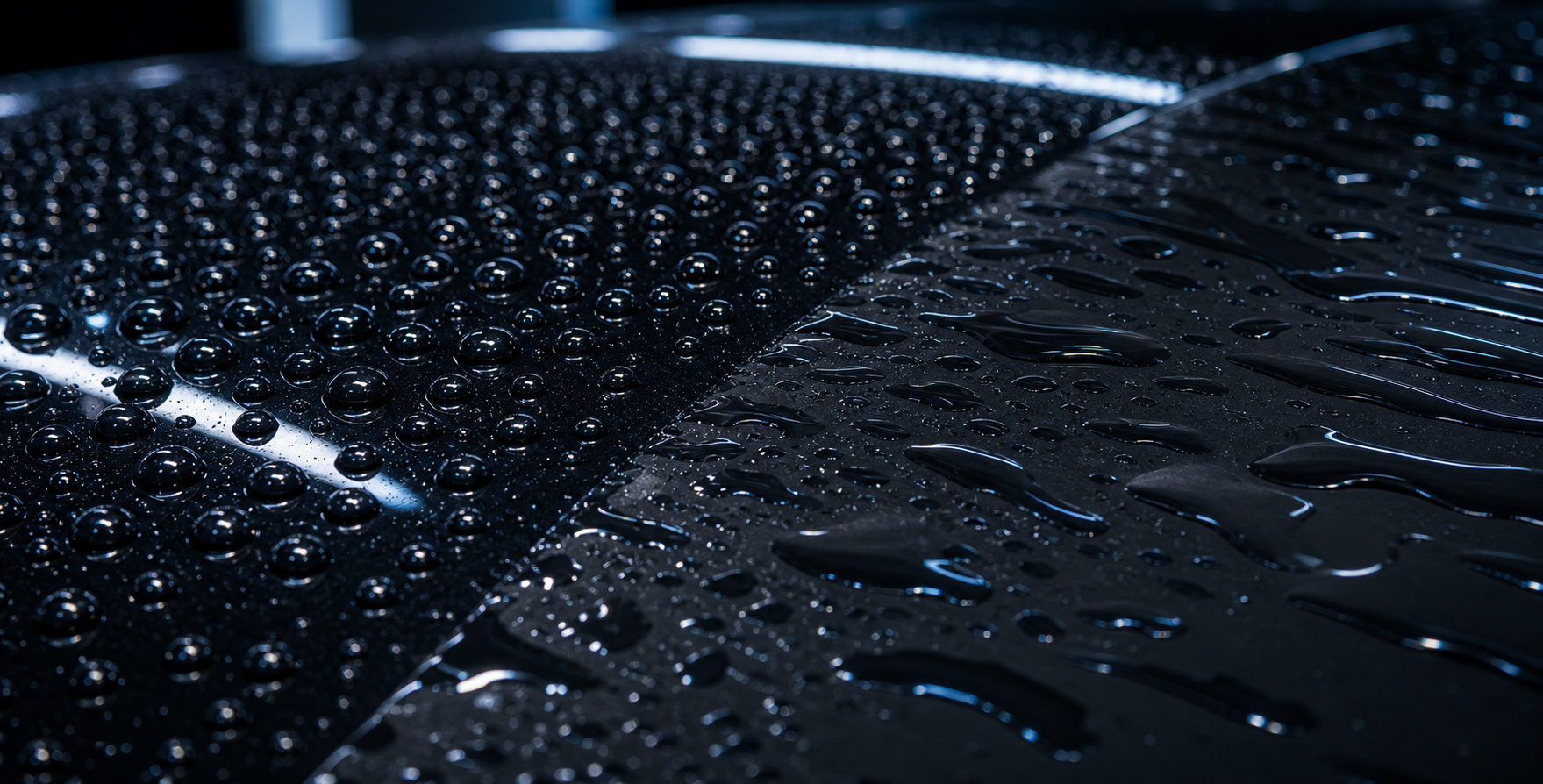 Wasserperlen auf schwarzem Lack zeigen hydrophoben Effekt